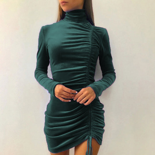 Damen figurbetontes Samtkleid mit Stehkragen und Raffung EB