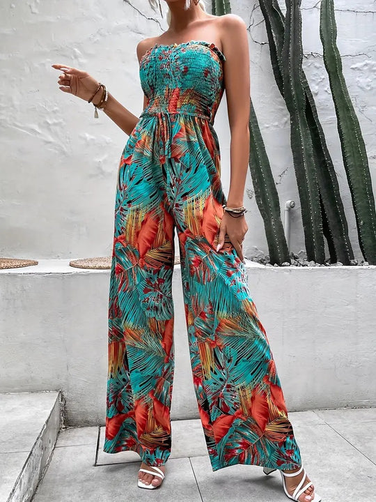 Damen One-Shoulder Jumpsuit mit floralem Design und elastischem Oberteil EB