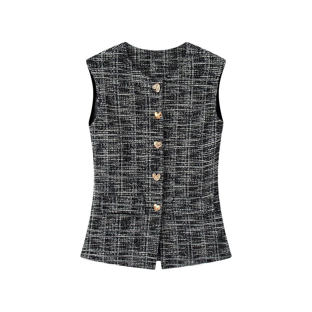 Damen elegante Karohose mit schmalem Schnitt und dekorativen Knöpfen EB