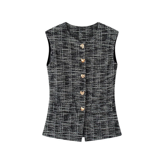 Damen elegante Karohose mit schmalem Schnitt und dekorativen Knöpfen EB