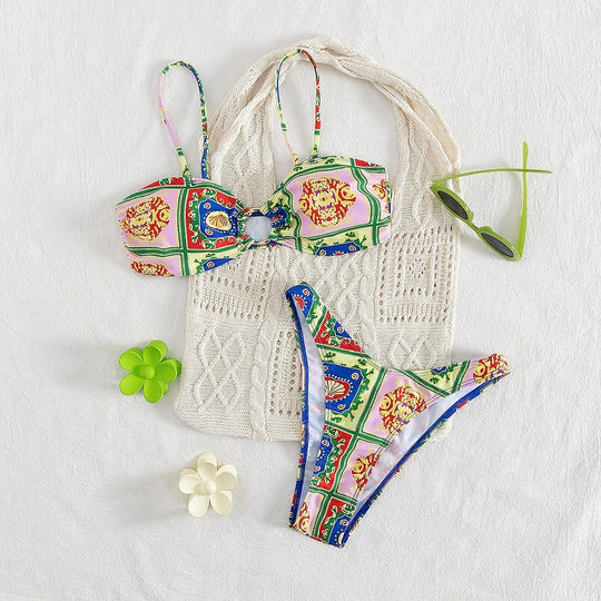 Damen Bikini mit elegantem Bandeau-Schnitt und buntem Muster EB