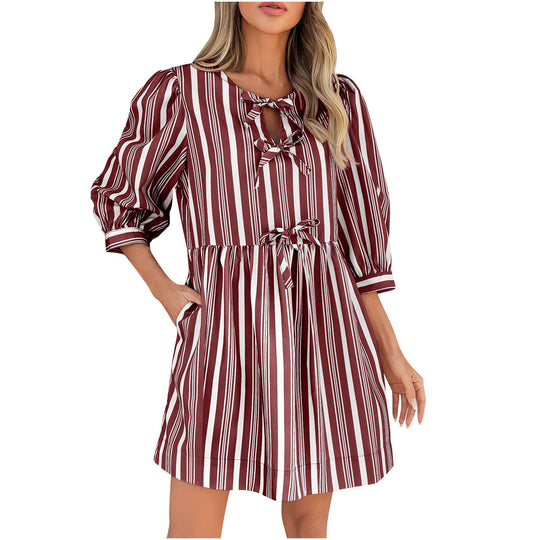 Damen lässiges gestreiftes Sommerkleid mit taillierter Silhouette EB
