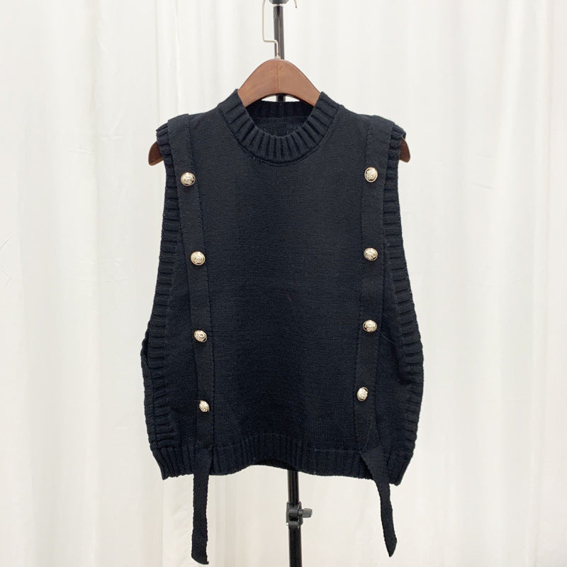 Damen Strickweste mit Knopfverschlüssen und seitlichen Bändern EB