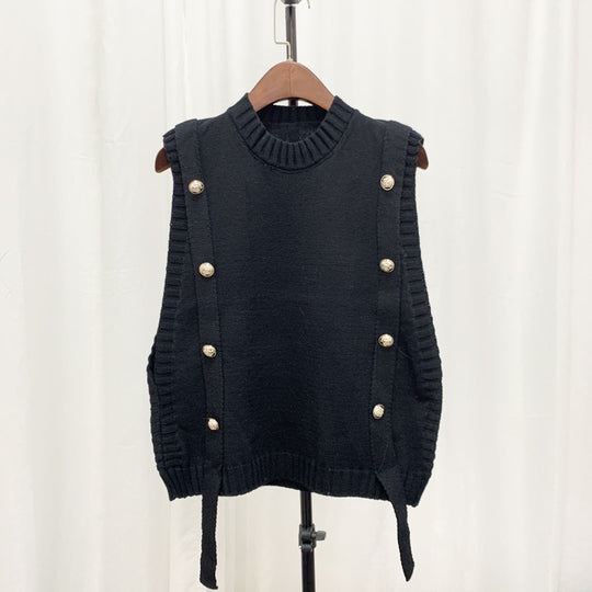Damen Strickweste mit Knopfverschlüssen und seitlichen Bändern EB