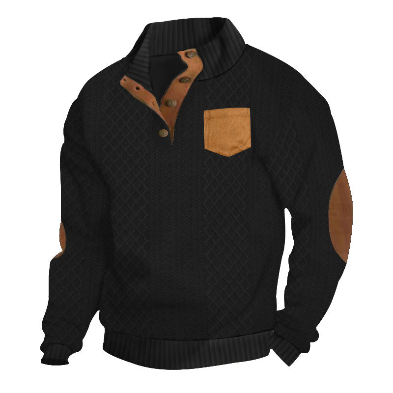 Herren Strukturiertes Kabelstrick-Sweatshirt mit Halbknopfblende, Kunstleder‑Patchtasche & Ellbogenpatches EB