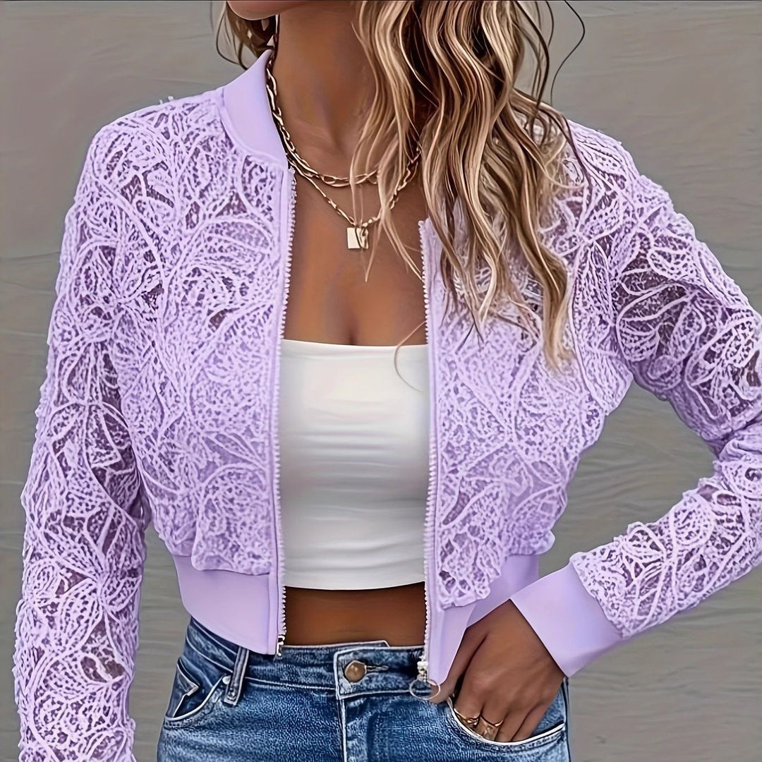 Damen Cropped Spitzen-Bomberjacke mit floraler Häkeloptik und Rippbündchen EB