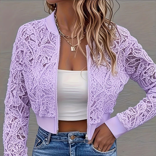 Damen Cropped Spitzen-Bomberjacke mit floraler Häkeloptik und Rippbündchen EB