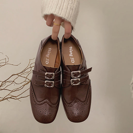 Damen Elegante und modische Schnürschuhe mit Doppelschnallen und perforiertem Obermaterial EB