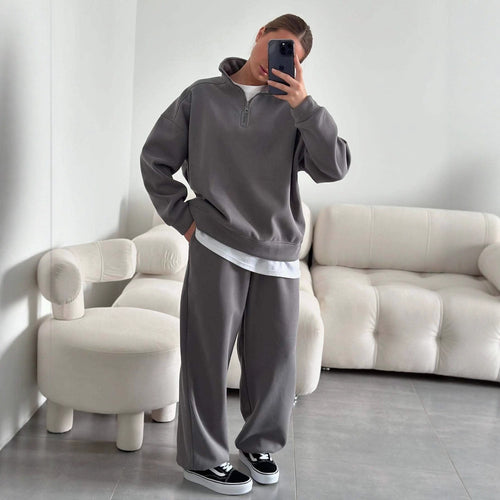 Damen nan Oversize Halbzip-Pullover mit Stehkragen und weitem Lounge-Hose-Set EB