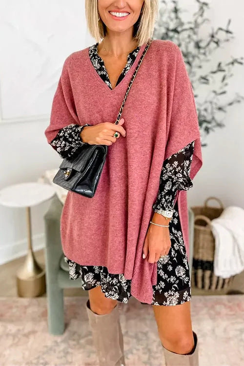 Damen Strickponcho mit V-Ausschnitt und lässigem Schnitt EB