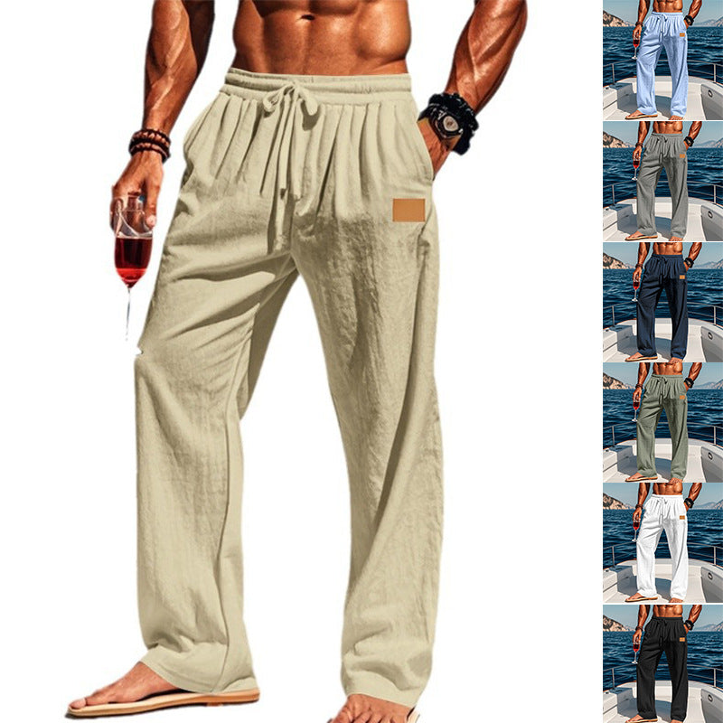 Herren nan lässige Leinen-Relaxhose mit weitem Bein, Tunnelzugbund und tiefen Eingrifftaschen EB