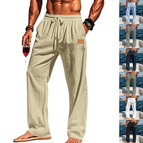 Herren nan lässige Leinen-Relaxhose mit weitem Bein, Tunnelzugbund und tiefen Eingrifftaschen EB