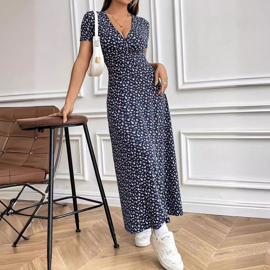 Damen Maxi-Kleid mit Blumenmuster und V-Ausschnitt EB