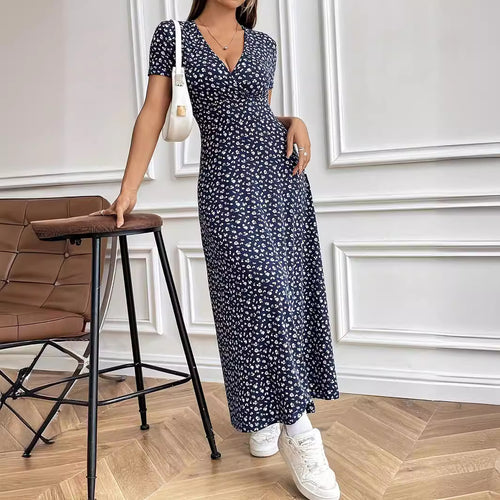 Damen Maxi-Kleid mit Blumenmuster und V-Ausschnitt EB