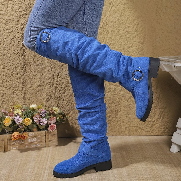 Damen modische Overkneestiefel mit lässigem Falten-Look und robustem Profil EB
