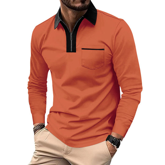 Herren Modisches Langarm-Polohemd mit Reißverschluss und Brusttasche EB
