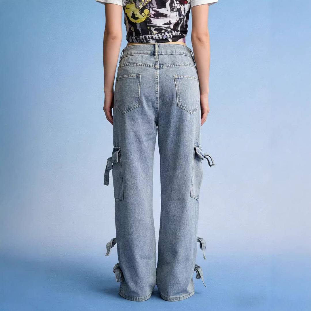 Damen Weite Cargo-Jeans mit Bindebändern