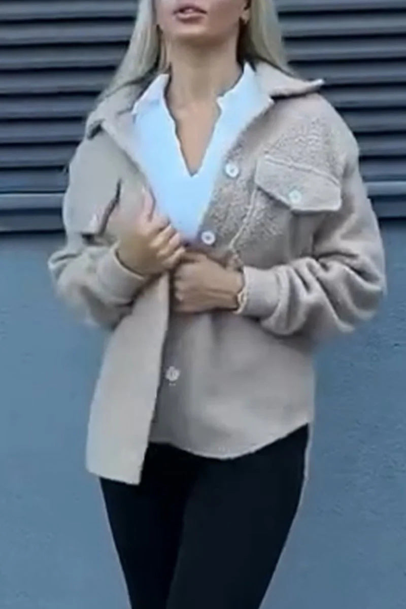 Damen Teddyjacke mit modischen Taschen und Knopfverschluss EB