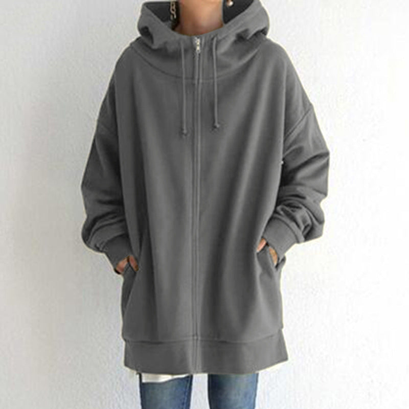 Damen nan oversized Kapuzenlongpullover mit Reißverschluss und Eingrifftaschen EB