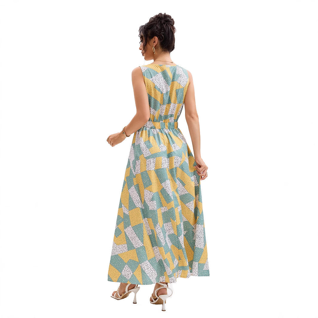 Damen Maxikleid mit tiefem V-Ausschnitt und modischem geometrischen Muster EB