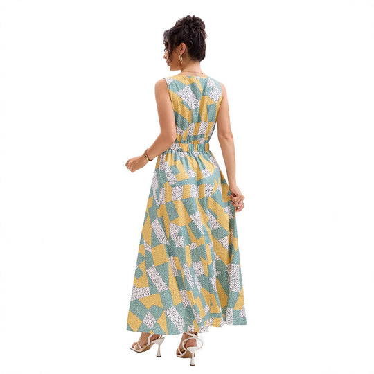 Damen Maxikleid mit tiefem V-Ausschnitt und modischem geometrischen Muster EB