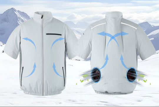 Unisex nan kurzärmlige Kühljacke mit rückseitigen Lüftern, Reißverschlusstaschen und elastischem Saum R&B