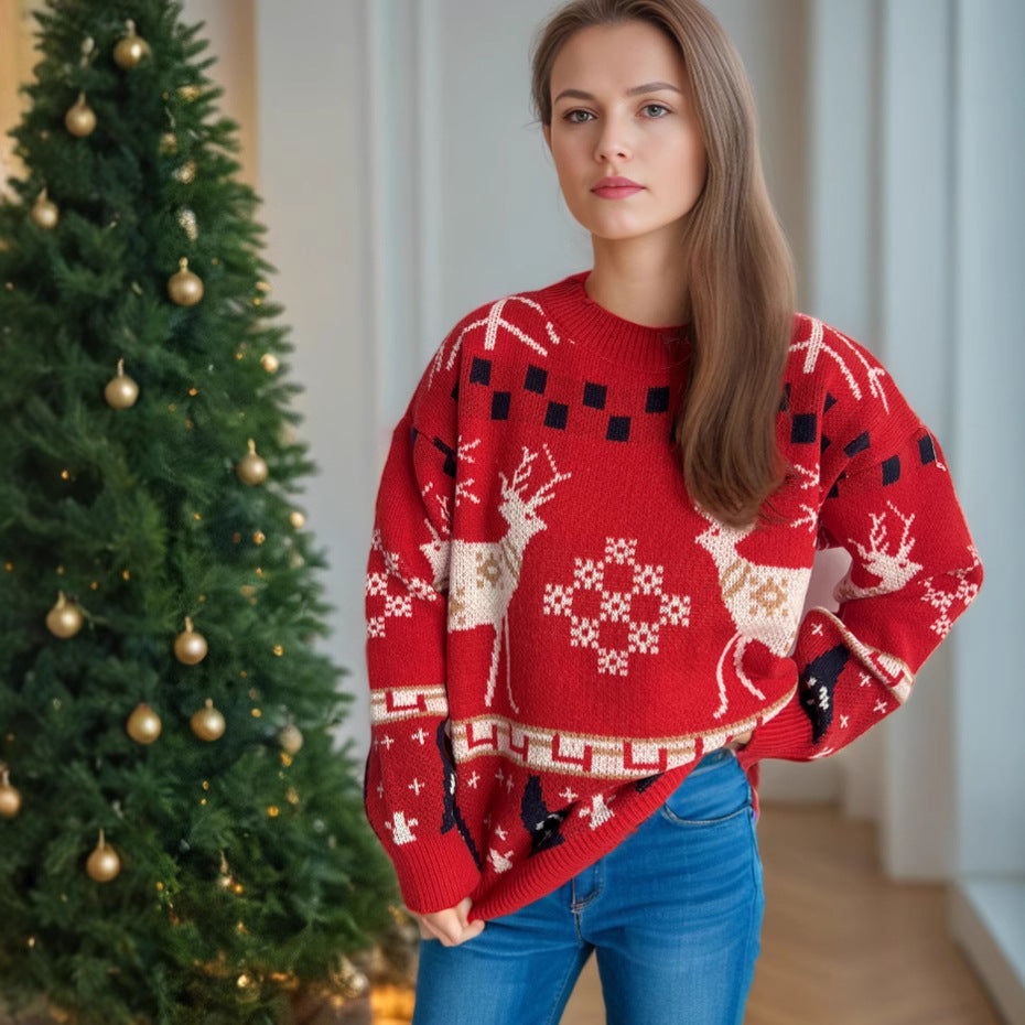 Damen gemusterter Weihnachtspullover mit festlichem Rentierdesign und Oversize-Schnitt EB