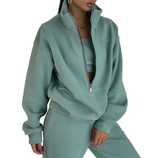Damen nan kurzes Halbzip-Sweatshirt-und-Jogginghose-Set mit Stehkragen, oversized Schnitt und weichem French-Terry EB