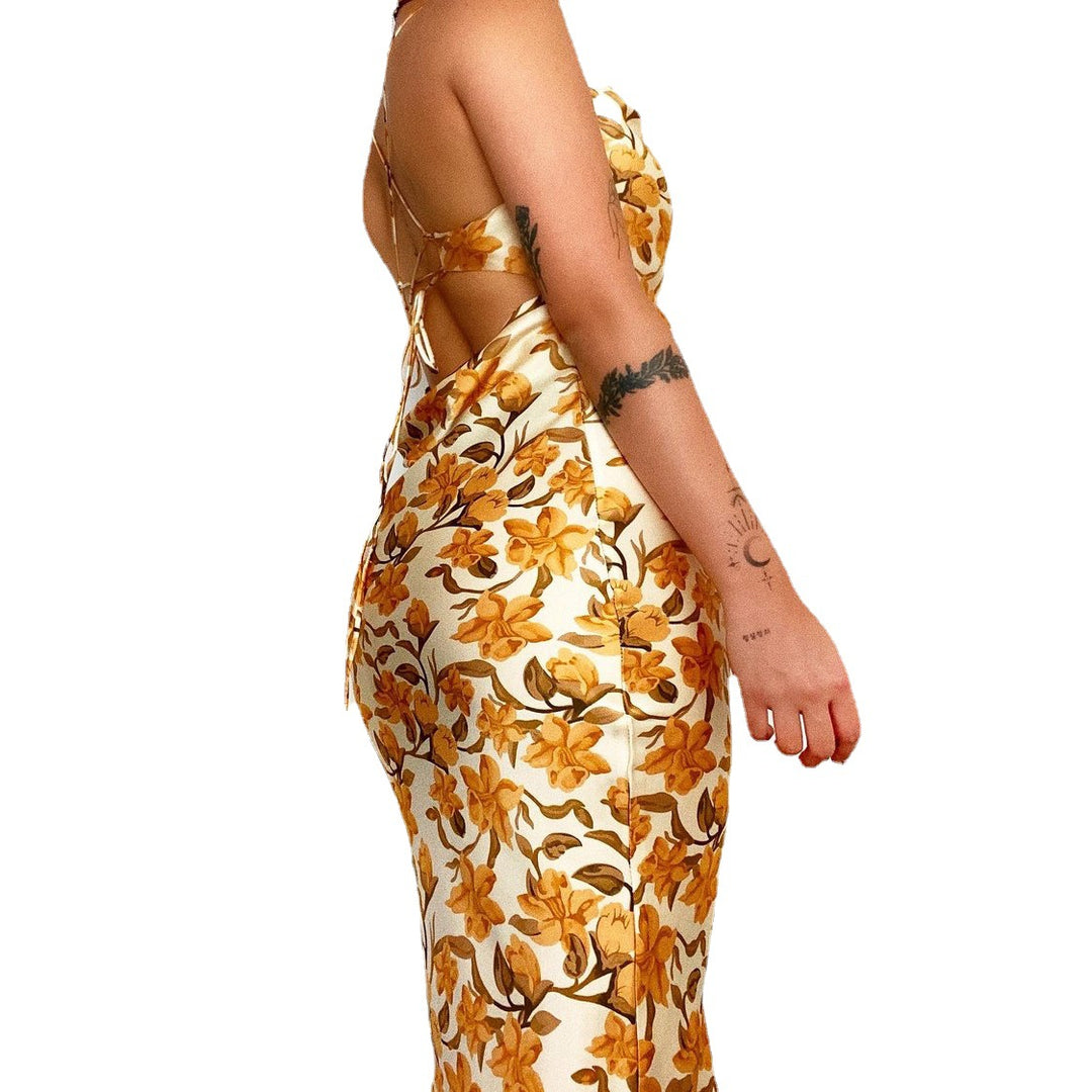 Damen Satin Maxikleid mit floraler Drapierung und Spaghettiträgern EB