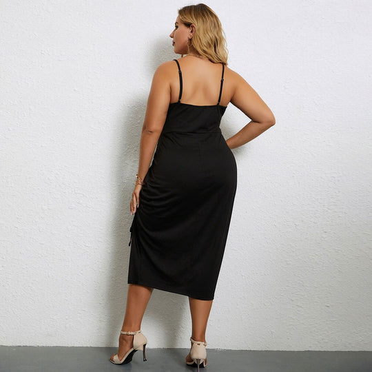 Damen lässiges Midi-Kleid mit verstellbaren Spagettiträgern und seitlichem Rüschendetail EB