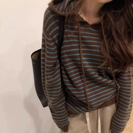 Damen Gemütlicher Kapuzenpullover mit Streifenmuster EB