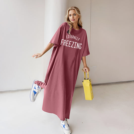 Damen nan lässiges Oversize Maxi-T-Shirt-Kleid mit Rundhals und Statement-Print EB