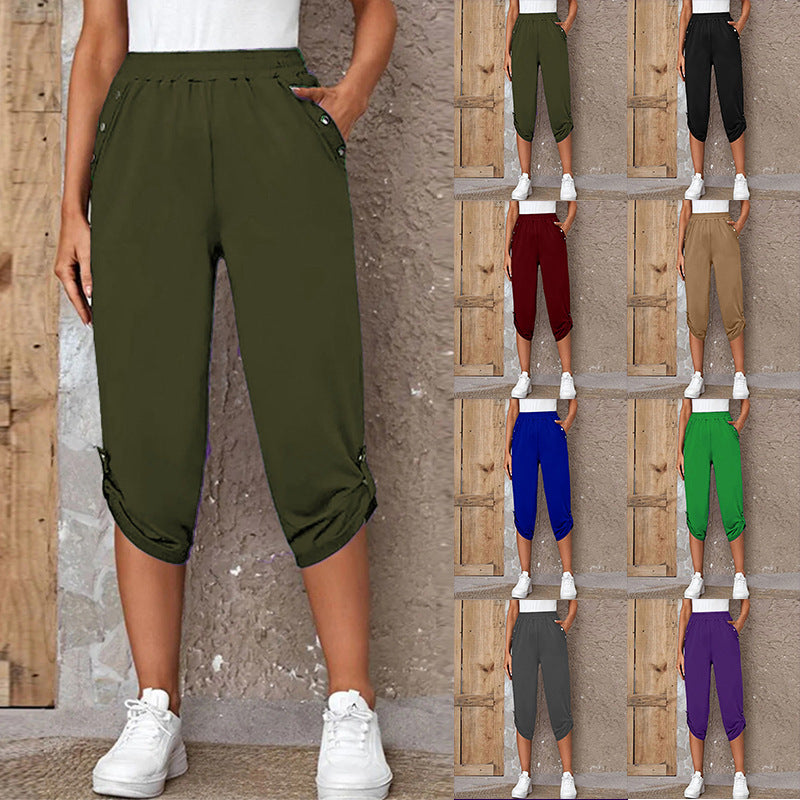 Damen nan lässige dreiviertellange Hose mit elastischem Bund, Eingrifftaschen und krempelbarem Saum EB