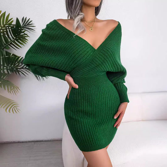 Damen figurbetontes Rippstrickkleid mit V-Ausschnitt EB