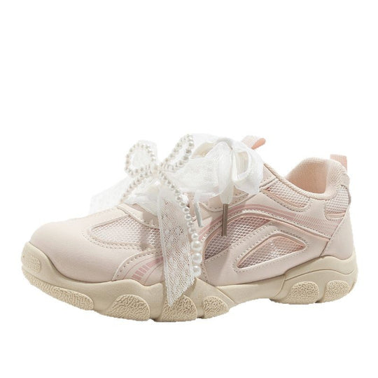 Damen Sportliche Sneakers mit dekorativen Perlenschnürsenkeln und atmungsaktiver Mesh-Oberfläche EB