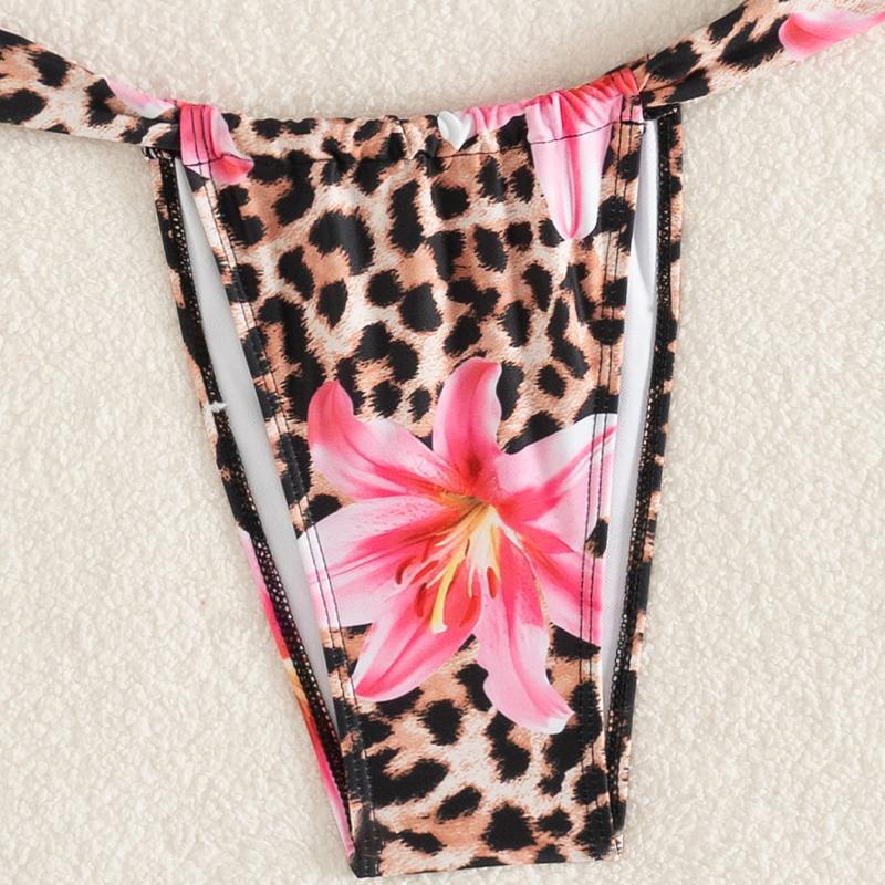 Damen Bikini-Set mit floralem Leopardenmuster und elegantem Knotendetail EB