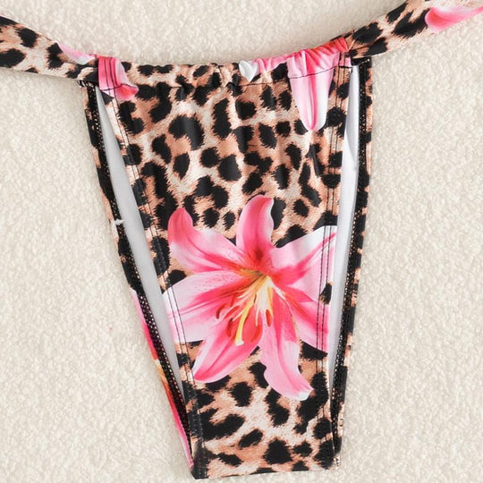 Damen Bikini-Set mit floralem Leopardenmuster und elegantem Knotendetail EB