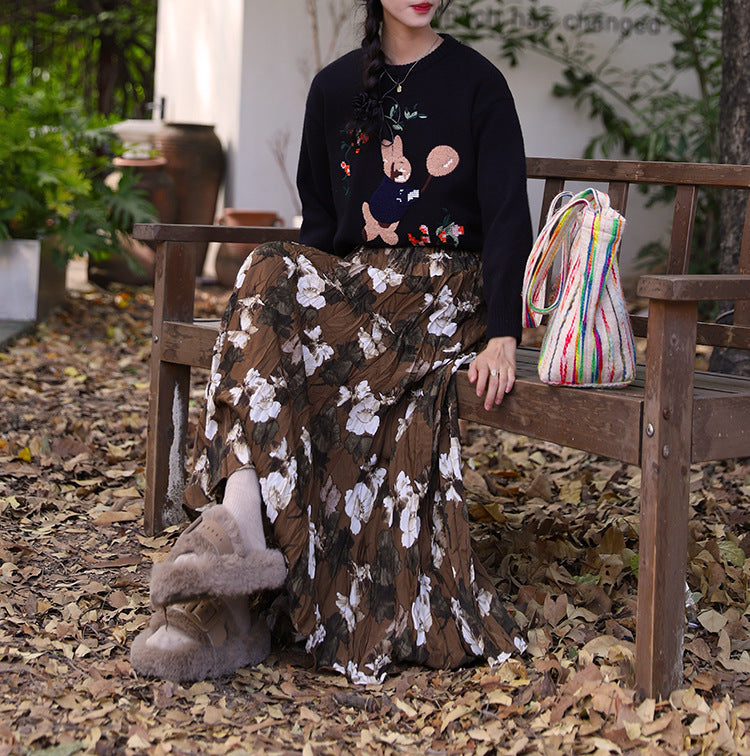 Damen  fein gefalteter Midirock mit Vintage Blumenprint und elastischem Taillenbund EB