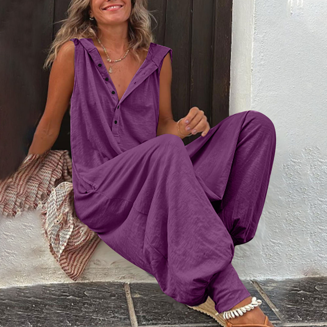Damen Lässiger Jumpsuit mit Kapuze und Knopfdetails EB