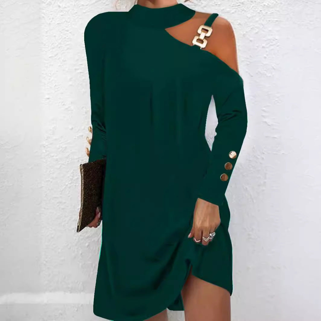Damen nan asymmetrisches Minikleid mit Stehkragen, Cut-Out-Schulter und Zierkettenträger EB
