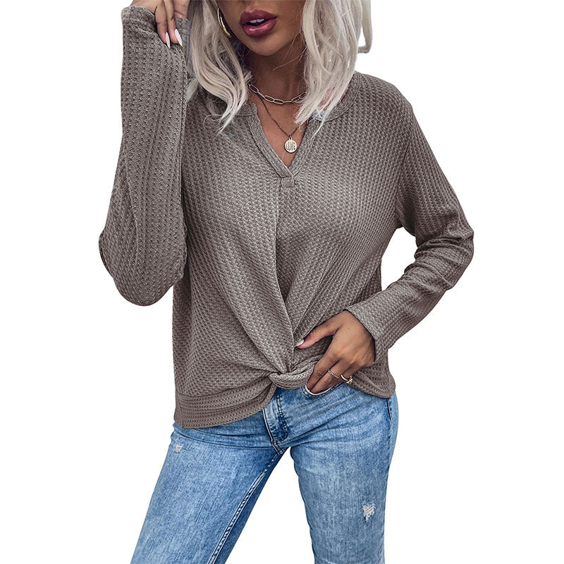 Damen lässiger V-Ausschnitt Pullover mit Knopfdetails und Knotendesign EB