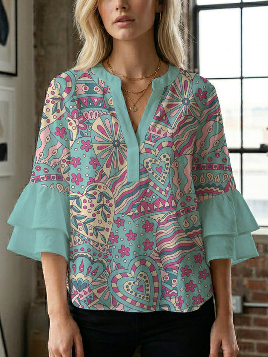 Damen elegantes Blusenshirt mit voluminösen Rüsenärmeln und grafischem Blumendesign EB