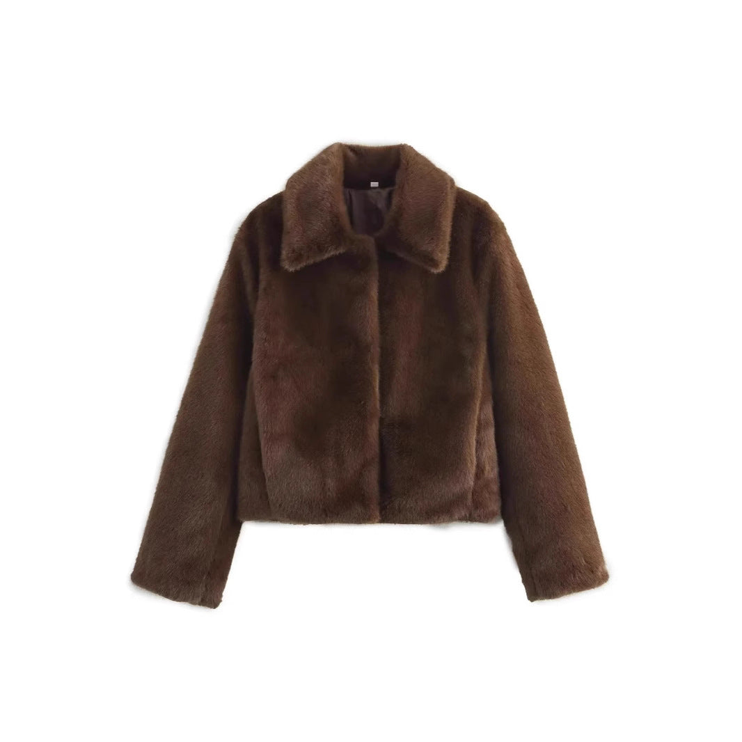 Damen Flauschige Kunstfelljacke mit elegantem Kragen und offenem Schnitt EB