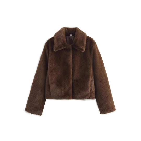 Damen Flauschige Kunstfelljacke mit elegantem Kragen und offenem Schnitt EB