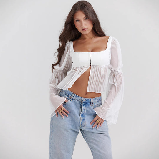Damen Cropped Bluse mit Puffärmeln EB