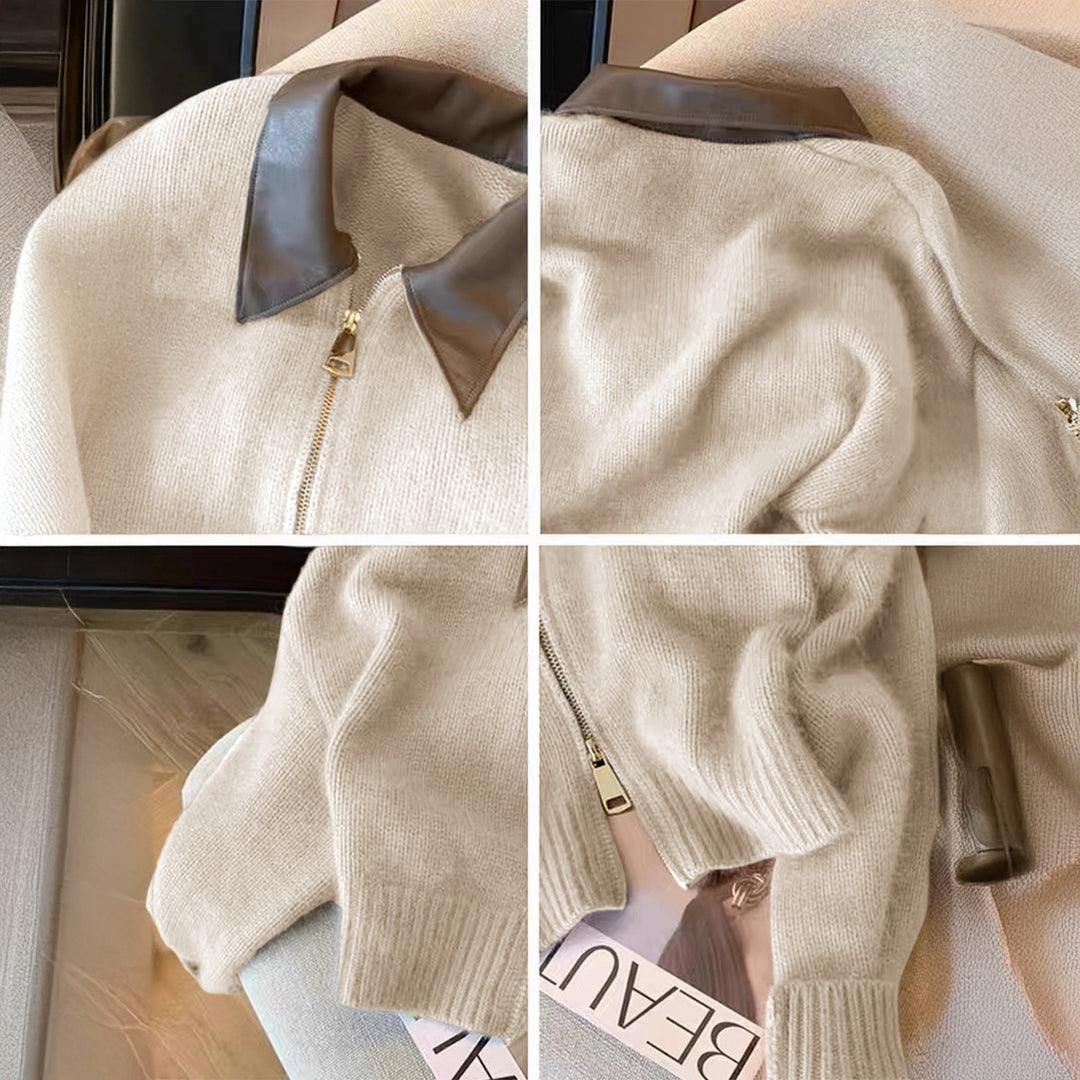 Damen nan kurz geschnittener Strickblouson mit Kunstlederkragen und goldfarbenem Metallreißverschluss EB