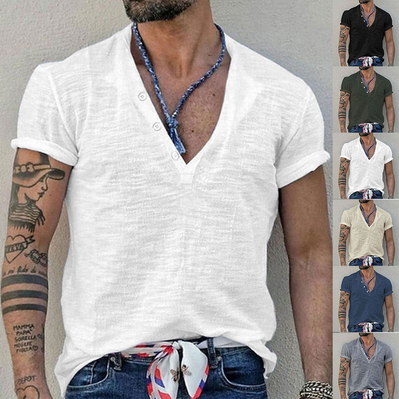 Herren nan Kurzarmshirt im Henleystil aus Slub-Baumwolljersey mit kurzer Knopfleiste EB