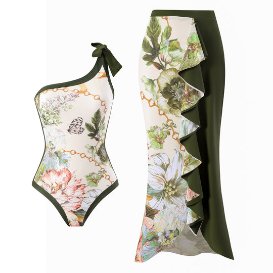 Damen Einteiler Badeanzug mit asymmetrischem Schnitt und elegantem Wickelrock EB