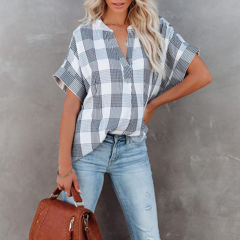 Damen Kurzärmlige karierte Bluse EB