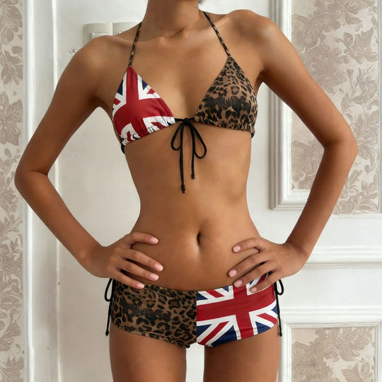 Damen Bikiniset mit Leopardenmuster und Union Jack Akzenten EB